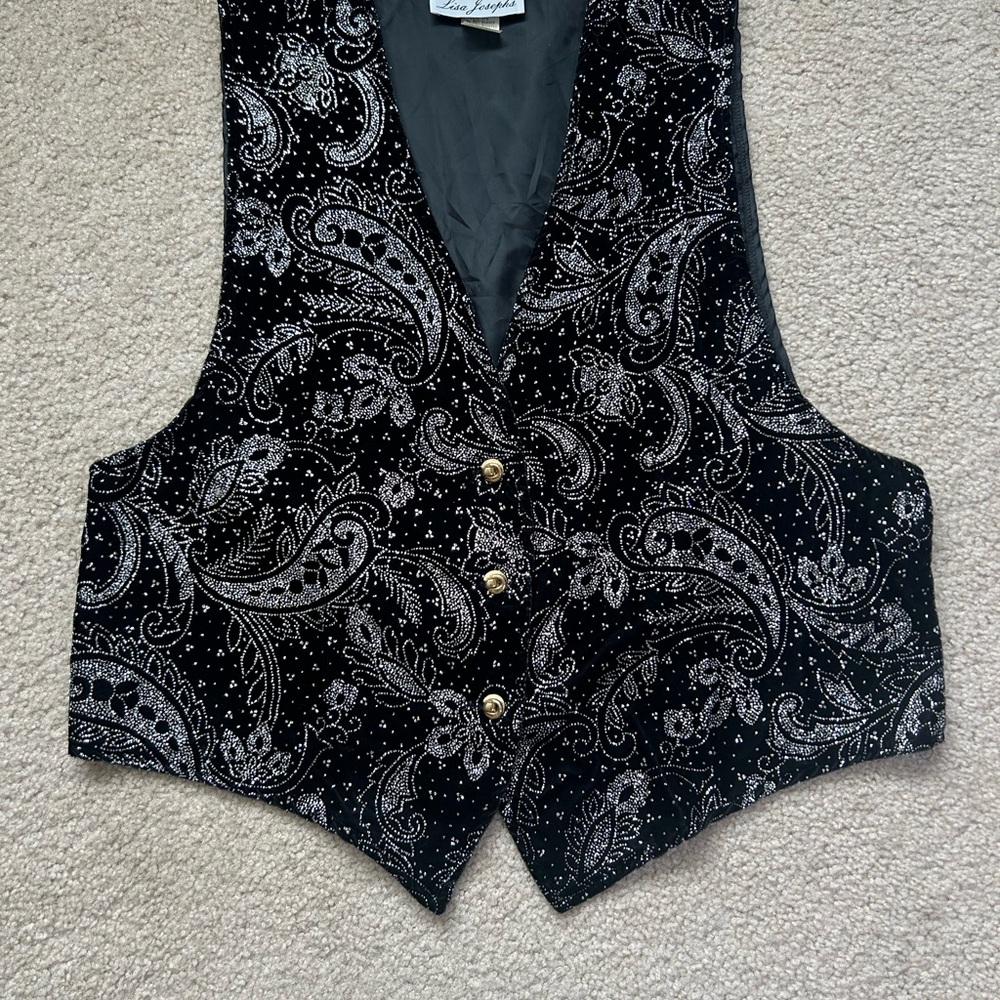 VTG 90s Grunge Velvet Paisley Vest Black Silver Metallic Waistcoat USA Made Sz L